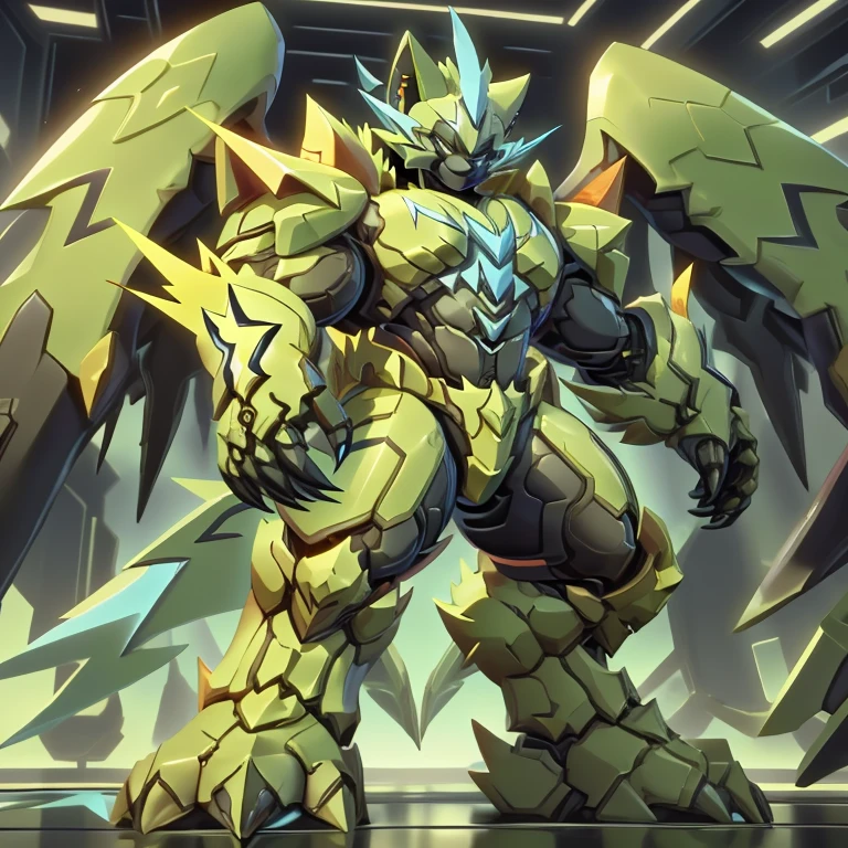 (ZERAORA, 8K), (Zeraora's giant robot, Powered exoskeleton with the same design as Zeraora), (Masterpiece, highres) (Detailed head, Detailed Body, Detailed abs, full body) (gigantic muscles, Gigachad Muscular, big muscle, pecs, triceps, traps, unusually developed muscular body, body full of huge muscles. showing off muscles, pectorales enormes, Exaggeratedly huge muscles.) (nj5furry, The claws are sharp, Sharp teeth, sharp claws), (long legs), (Spread wings, It has wings, have big wings, golden wings), (It has wings, whole body shines like metal, Wearing cyberpunk mecha, emphasizes the muscles, suit fully made of metal, intricate armor, Robotic suit, suit fully made of metal, cyborg), menacing pose, no face.