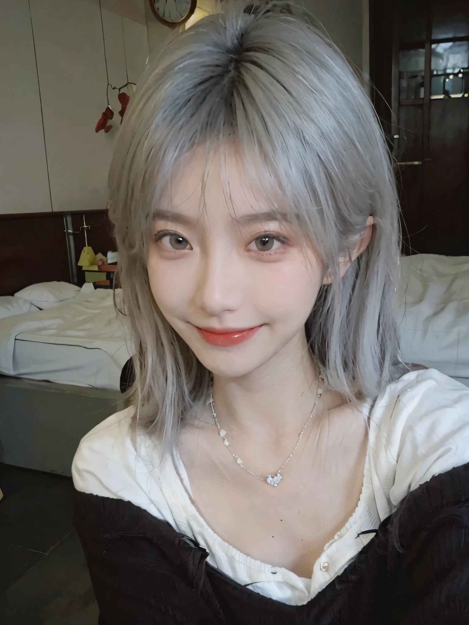 17 year old Korean, white hair, hanging eyes, thin legs, hotel bed, evil smile, devil smile
