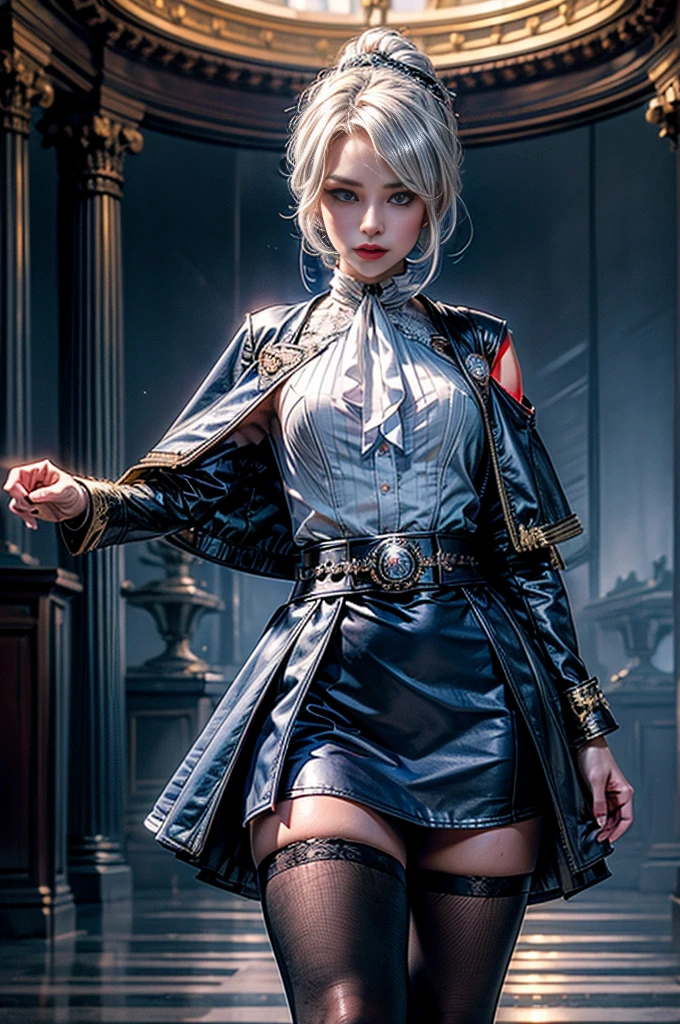 masterpiece,best quality, masterpiece, high detail,detailed face,detailed eyes,rendered eyes,perfect eyes,hip lines,crisp image,detailed,amazing,8k,8k wallpaper,8k background,high detailed skin,high res, (((cowboy shot))), solo, 1girl,looking at viewer,WillowSchnee, white hair tied up in a bun, low on the right side of the back of her head, while her bangs are shaped around the left side of her face and a small, curled lock of hair reaching almost to her shoulders. her attire consists of a blue dress, white cravat secured by a silver brooch set with a red stone,  a wide belt around her waist,  black tights and red shoes. serious expression, standing in palace garden, hedge maze, crowd, (crowd in military dress), (volumetric lighting), sharp focus, hyper detailed 