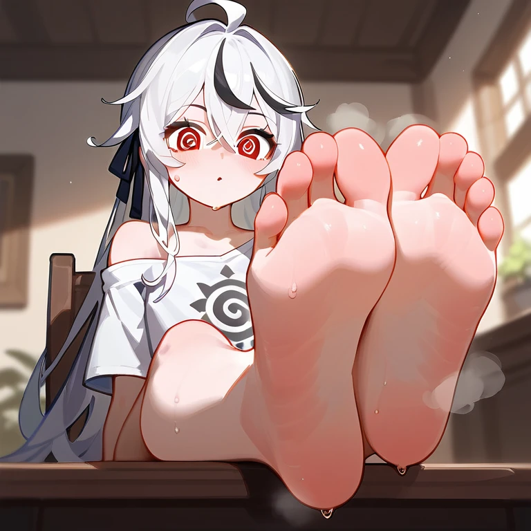 in the room，A cute girl desperately trying to hypnotize me with the soles of her feet，sit on chair，convincing, confident，fantasy clothes，There are bangs between the eyes，White off-the-shoulder T-shirt，Long hair，White hair，Anatomically correct, cute black ribbon on hair，Sweating on the soles of the feet，Perfect feet，red Eyes，Steam around feet，Two symmetrical soles, everything is hypnotic, hypnotic eyes, many simple hypno-spirals, entrancing, table in front of viewer, feet up on table, pale and smooth soles of feet, using feet as hypnotic tool to entrance viewer, spiral overlay focused on soles of feet