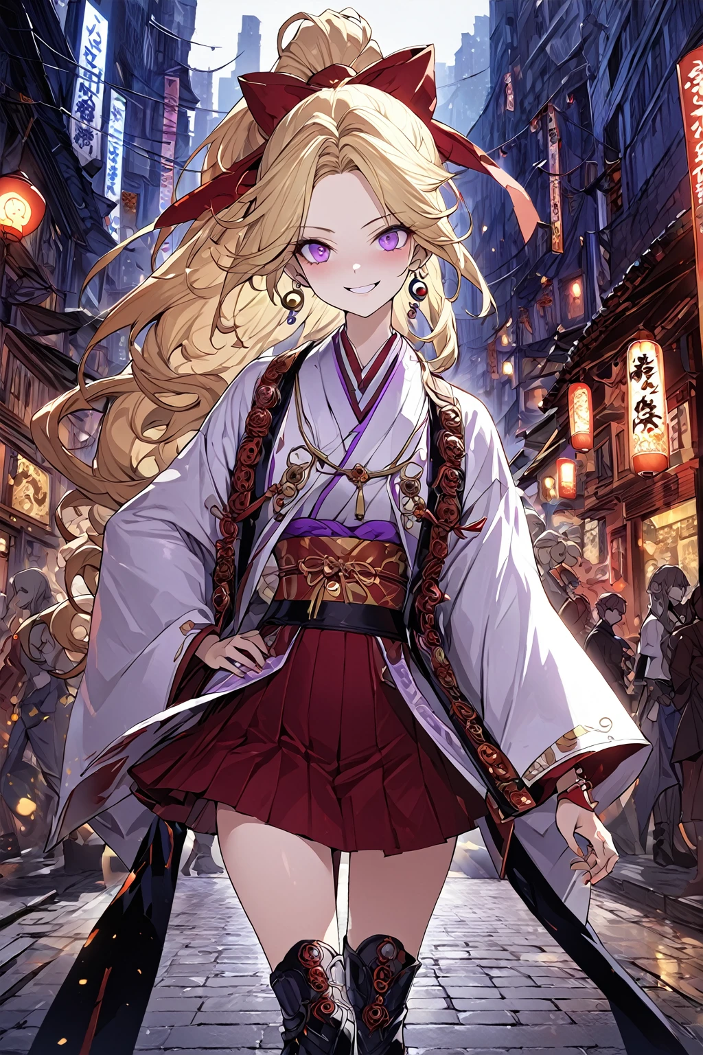 1girl, solo, walking ,street , ((night city background)) , dark persona, hand on own hip, pillars of purple fire, masterpiece, best quality, ultra-detailed, illustration, beautiful detailed eyes, kusakabe maron, kaitou jeanne, long hair, evil smile, white miko cloth, purple eyes, boots, blonde hair, bow, ribbon, hair ribbon, ponytail, earrings, red ribbon, red bow, drill hair, high ponytail, pink obi, chains, yin yang, earring, pierces, forehead accessory, beautiful art, high res, perfect face, detailed outfit,red pleated skirt,