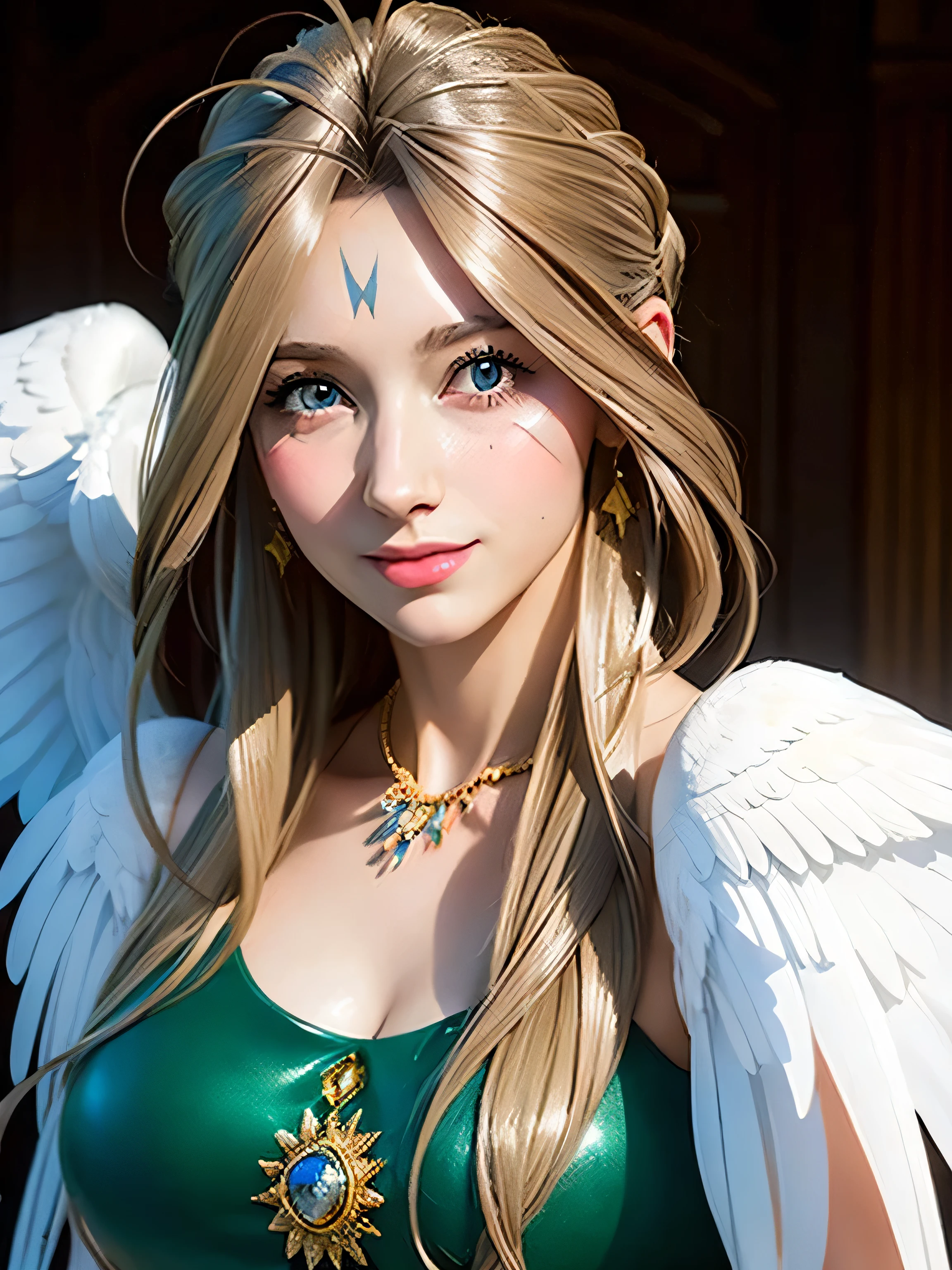(masterpiece, Highest quality:1.4), (Are standing:1.2), (whole body:1.2), (Large Breasts), (breast focus), Big angel wings, One girl, alone, (European youth:1), (Belldandy, Belldandy_green_dress), necklace, (Diamond symbol:0.8), View your viewers, Beautiful smile, Beautiful Face, Highly detailed face, Highly detailed eyes, Highly detailed skin, Skin pores, Scattered beneath the surface, Realistic pupils, Blush all over face, Fuller lips, Detailed Background, Depth of written boundary, Volumetric lighting, Sharp focus, Absurd, Realistic proportions, Excellent anatomy, (Realistic, hyperRealistic:1.4), 16k hdr,