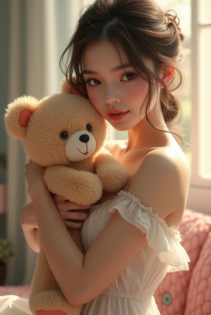 Nude girl spread legs in bed and thousand teddy bears
