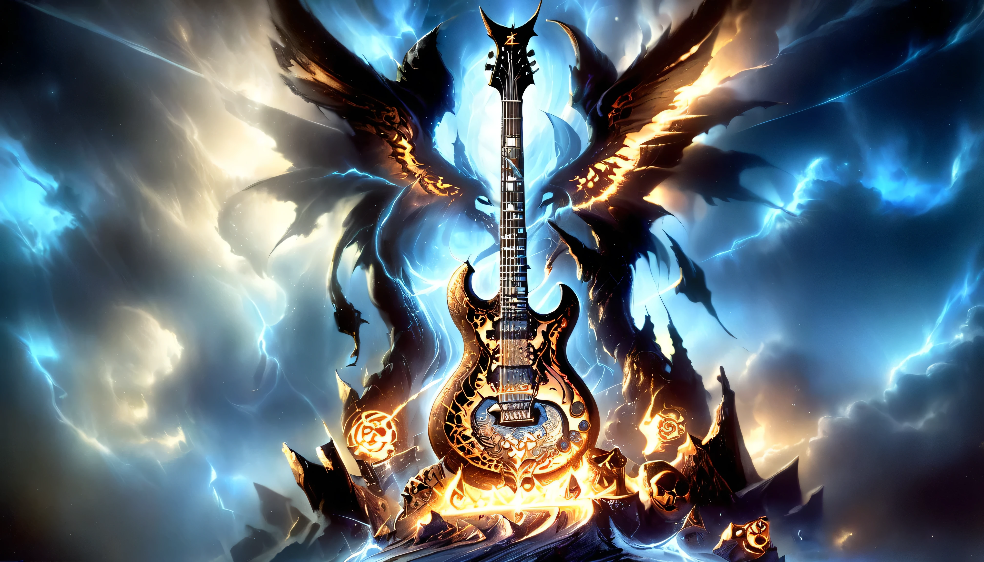 A digital illustration of a guitar with flames and skulls, heavy metal artworks, heavy metal art style, Detailed cover, power metal album cover, Fractal Thunder Dan Mumford, just art for dark metal music, metal album cover art, metal album cover, guitar concept art, Symmetrical epic fantasy art., background illustrations, heavy metal album cover, heavy metal style, rude composition