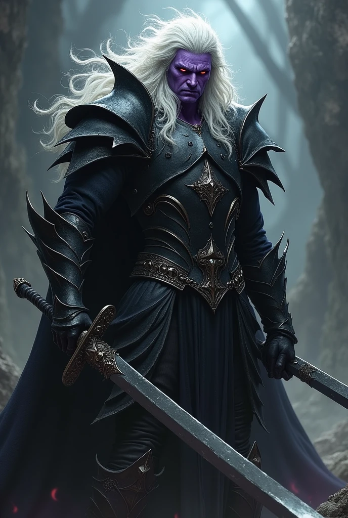 Dark elf Drow Drizzt and panther Guenhwyvar stand on a large stone, author R. a. Salvatore, full pose, full - body, a dark cloak develops behind his shoulders, Dark Fantasy,