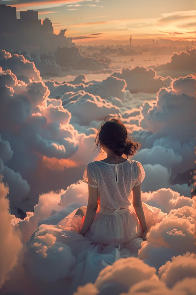 best quality,masterpiece,realistic,1girl, above clouds, solo, skirt, shirt, black hair, dress, sitting, short sleeves, outdoors, sky, cloud, medium hair, from behind, white skirt, cloudy sky, scenery, sunset, facing away