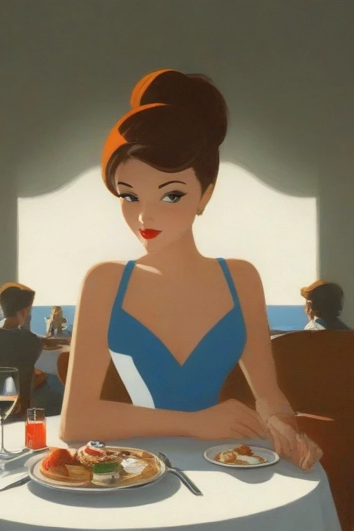 A close-up of a woman sitting at a table with a plate of food, Kenton Nelson, arte pin-up, retro pulp art, beautiful retro art, ( art fitzpatrick ), by Art Fitzpatrick, 5 0 s pulp illustration, 1950s illustration style, by Roy Dalgarno, by Tim Hildebrandt, Enoch Bolles, old retro pulp