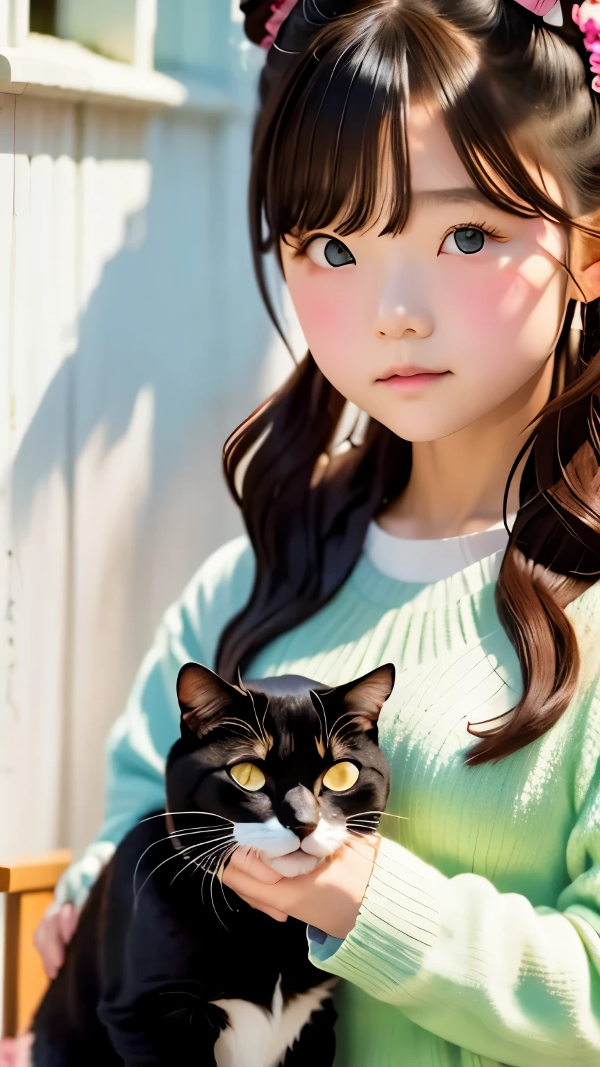 Highest quality、masterpiece、１０Year old girl、Black catを抱く***、pretty girl、Bun hair with brown hair tied、Black cat、natureな見た目、Long Shot、nature