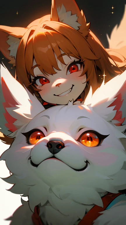 (a small female humanoid fennec fox with light brown hair and yellow fur), wearing a red cocktail dress, happy, blush