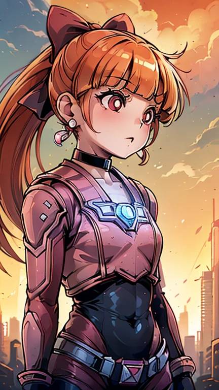 (8k),(masterpiece),(Japanese),(1girl,solo),((innocent look)),((Childish)),From the front, upper body, Cowboy shot, (ppgzbs, red eyes, long orange hair, ponytail, hair bow, blunt bangs, earrings, black choker), Standing, Daylight, bright, cyberpunk city,(ultragirl, ultraman bodysuit)