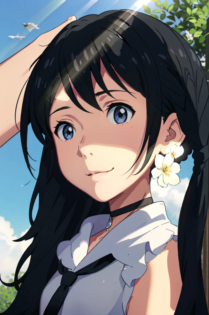 amano_hina, 1 girl, solo,(smile),(standing),(upper body),(arms behind back:1.15),twin tails, long black hair, blue eyes,black choker,white sleeveless jacket,denim shorts, bare shoulders,white boots,outdoors,(light rays:1.2),(sun:1.2),(blue sky:1.1), park,flowers,lawn,trees,