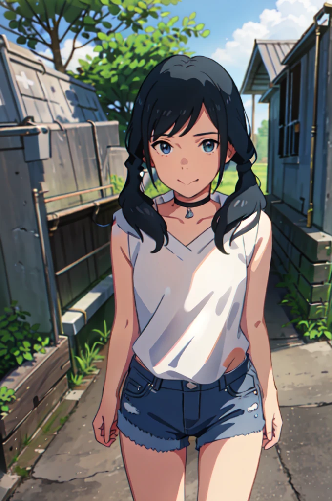 amano_hina, 1 girl, solo,(smile),(standing),(upper body),(arms behind back:1.15),twin tails, long black hair, blue eyes,black choker,white sleeveless jacket,denim shorts, bare shoulders,white boots,outdoors,(light rays:1.2),(sun:1.2),(blue sky:1.1), park,flowers,lawn,trees,