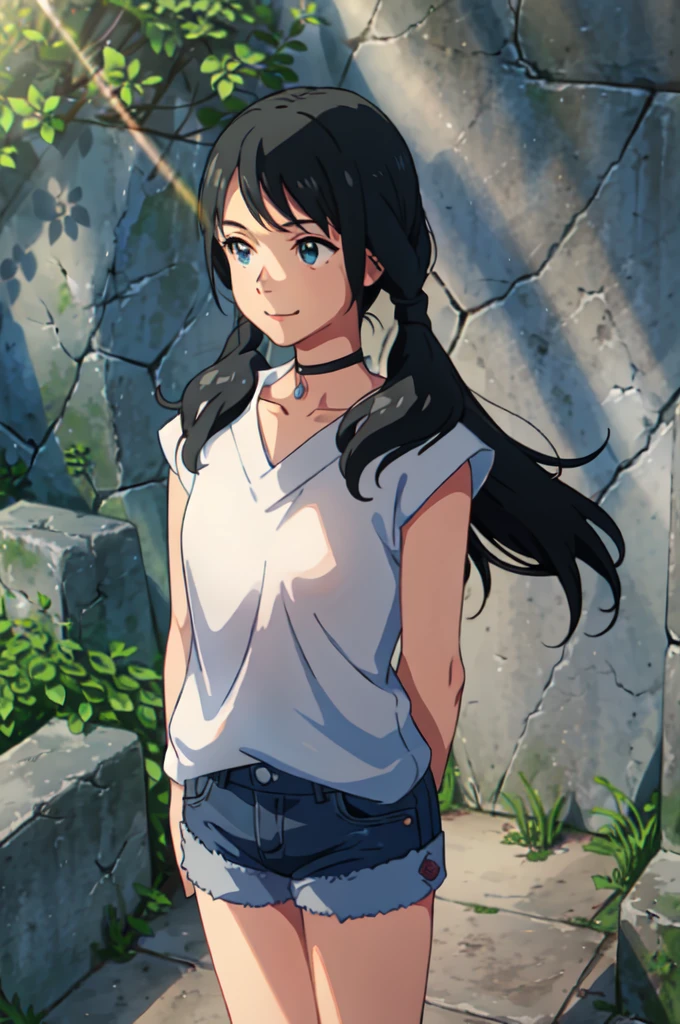 amano_hina, 1 girl, solo,(smile),(standing),(upper body),(arms behind back:1.15),twin tails, long black hair, blue eyes,black choker,white sleeveless jacket,denim shorts, bare shoulders,white boots,outdoors,(light rays:1.2),(sun:1.2),(blue sky:1.1), park,flowers,lawn,trees,