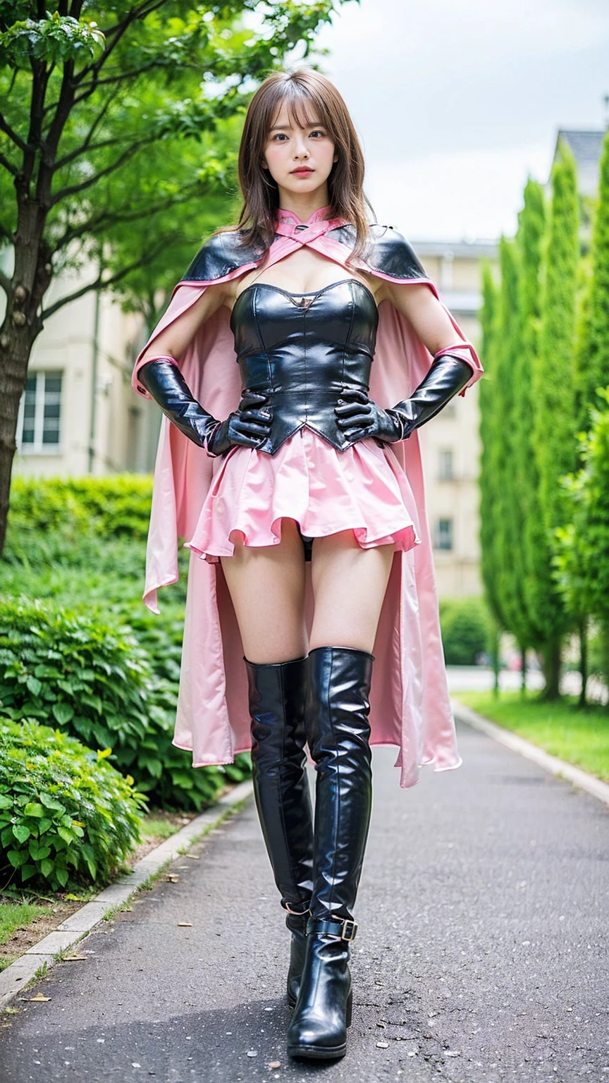 Melissa Rauch als Domina, im pink Leder-Lack-Body-Outfits mit kleinem Diadem auf dem Kopf, wears long earrings and very long crotch high platform boots, sie pisst auf den Boden, natursekt, Ellenbogenlange Handschuhe, sie steckt einen finger in ihre Vagina und anus, ist nackt und sehr stark behaart im intimbereich, Full body visible