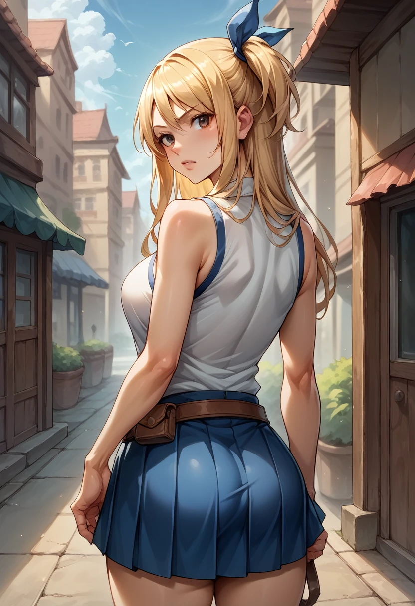 score_9, score_8_up, score_7_up, BREAK, score_9, aaLucy, hair ribbon, side ponytail, blonde hair, long hair, breasts, white shirt, sleeveless, belt, blue skirt, pleated skirt, cowboy shot, ass peek, looking back, from behind, city, village
