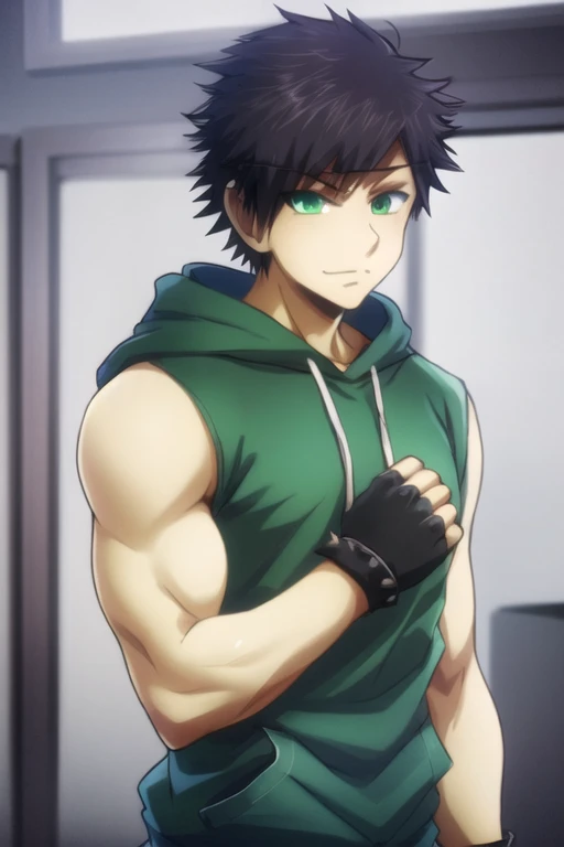 masterpiece, best quality, high quality, 1boy, solo, male focus, looking at viewer, body complete, tatsuya_bungo, black hair, green eyes, messy spiky green afro, green hair, black vest, furred hoodie, black headband, black fingerless gloves, muscle
