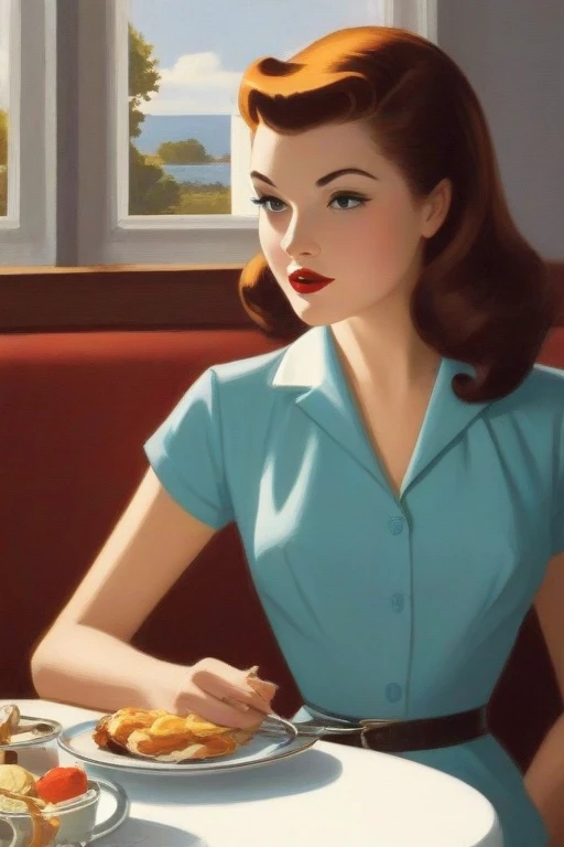 A close-up of a woman sitting at a table with a plate of food, Kenton Nelson, arte pin-up, retro pulp art, beautiful retro art, ( art fitzpatrick ), by Art Fitzpatrick, 5 0 s pulp illustration, 1950s illustration style, by Roy Dalgarno, by Tim Hildebrandt, Enoch Bolles, old retro pulp