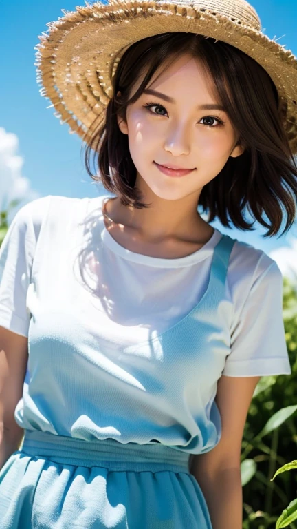 (highest quality,masterpiece:1.3,ultra high resolution),(Super detailed,caustics,8k),(photorealistic:1.4,RAW shooting),1,cute,Japanese,semi-long hair with outward curls,(white t-shirt),(smile),looking at the camera,blue sky,sun,Backlight,(top of the hill),(Tall green grassland:1.1),(Standing in the steppe),(ground level shot:1.1),(shot from the waist up),(face focus),(face close up),(low position:1.2),(Low - Angle:1.2),Natural light