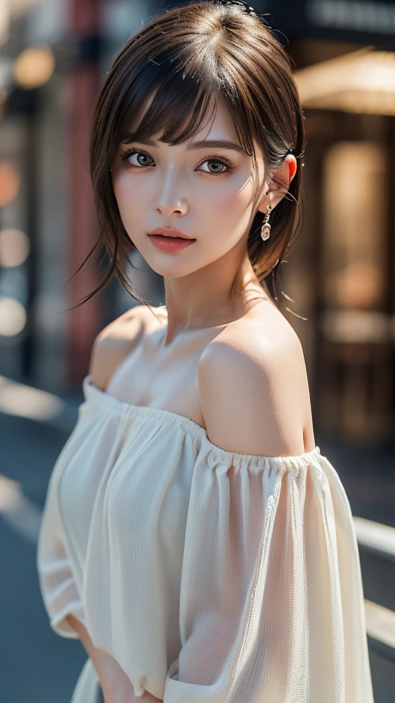 (8k、32K、masterpiece)、(Realistic)、(Realistic:1.2)、(High resolution)、(Random Configuration:1.6), Very detailed、Very beautiful face and eyes、1 girl、Delicate body、(Attention to detail、Rich skin detail)、(8k、Oil paints:1.2)、Very detailed、(Realistic、Realistic:1.37)、Bright colors, (Off-shoulder cut and sew), Blunt bangs,whole body