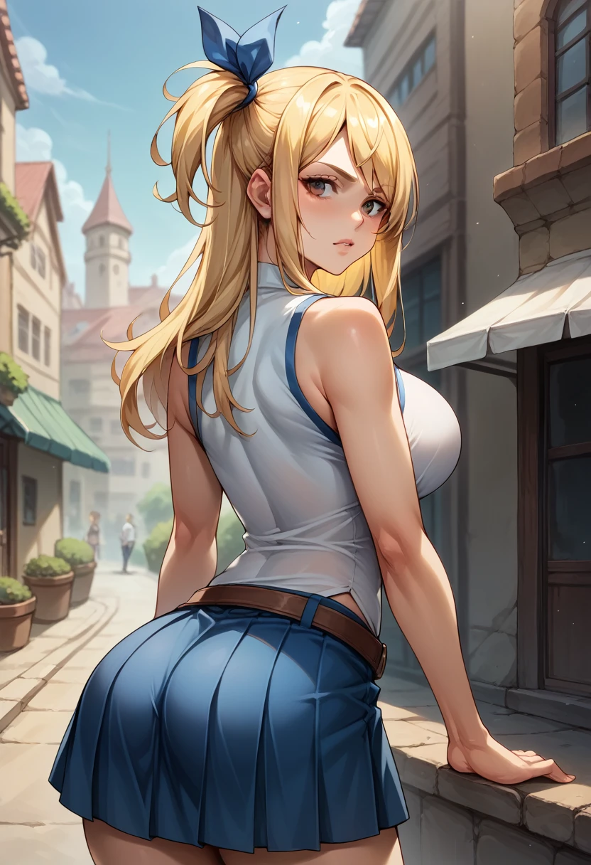 score_9, score_8_up, score_7_up, BREAK, score_9, aaLucy, hair ribbon, side ponytail, blonde hair, long hair, breasts, white shirt, sleeveless, belt, blue skirt, pleated skirt, cowboy shot, ass cheek, looking back, from behind, city, village
