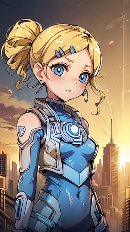 (8k),(masterpiece),(Japanese),(1girl,solo),((innocent look)),((Childish)),From the front, upper body, Cowboy shot, (ppgzbb, blue eyes, blonde hair, twin drills, hairclip, earrings), Standing, Daylight, bright, cyberpunk city,(ultragirl, ultraman bodysuit)