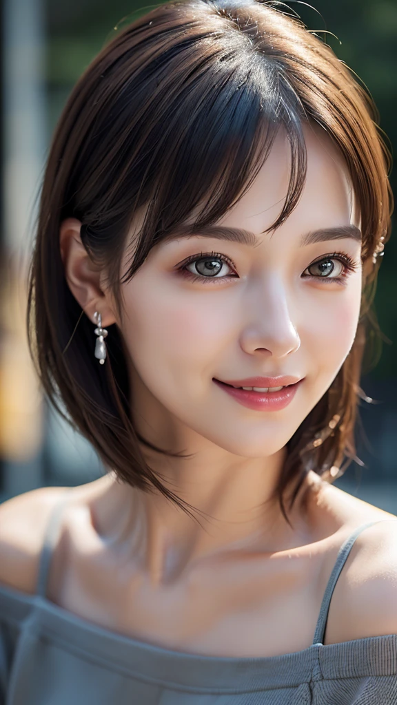 (8k、32K、masterpiece)、(Realistic)、(Realistic:1.2)、(High resolution)、(Random Configuration:1.6), Very detailed、Very beautiful face and eyes、1 girl、Delicate body、(Attention to detail、Rich skin detail)、(8k、Oil paints:1.2)、Very detailed、(Realistic、Realistic:1.37)、Bright colors, (Off-shoulder cut and sew), Blunt bangs,whole body,smile