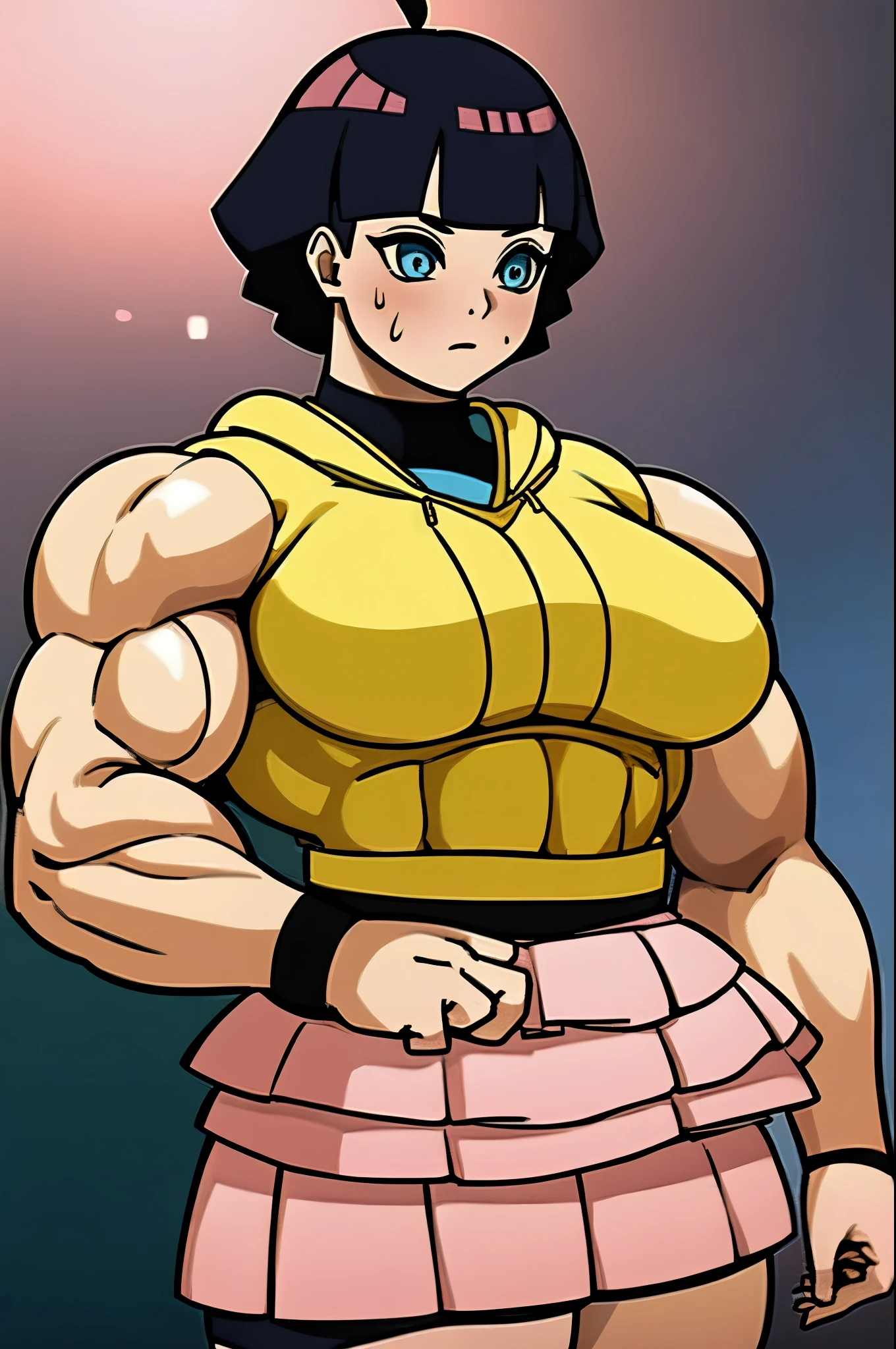 best quality,1girl,solo,(dark skin:1),black hair,curly hair,(shaggy cut),(pink headband),pale blue outfit,brawny body,(stocky jaw),revealing neckline,Cleavage,collarbone,smile,tall girl, burly girl, thick lips, thick neck,standing,((simple background)),gray background,old school fantasy art,muscular,armor