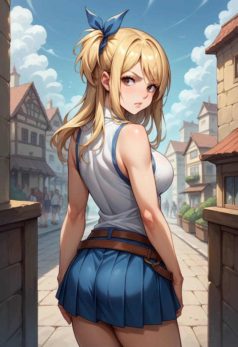 score_9, score_8_up, score_7_up, BREAK, score_9, aaLucy, hair ribbon, side ponytail, blonde hair, long hair, breasts, white shirt, sleeveless, belt, blue skirt, pleated skirt, cowboy shot, ass cheek, underwear, looking back, from behind, city, village
