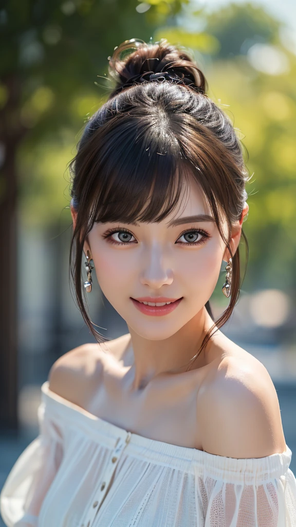 (8k、32K、masterpiece)、(Realistic:1.30)、(High resolution)、(Random Configuration:1.6), Very detailed、Very beautiful face and eyes、1 girl、Delicate body、(Attention to detail、Rich skin detail)、(8k、Oil paints:1.2)、Very detailed、(Realistic、Realistic:1.37)、Bright colors, (Off-shoulder cut and sew), Blunt bangs,whole body,smile