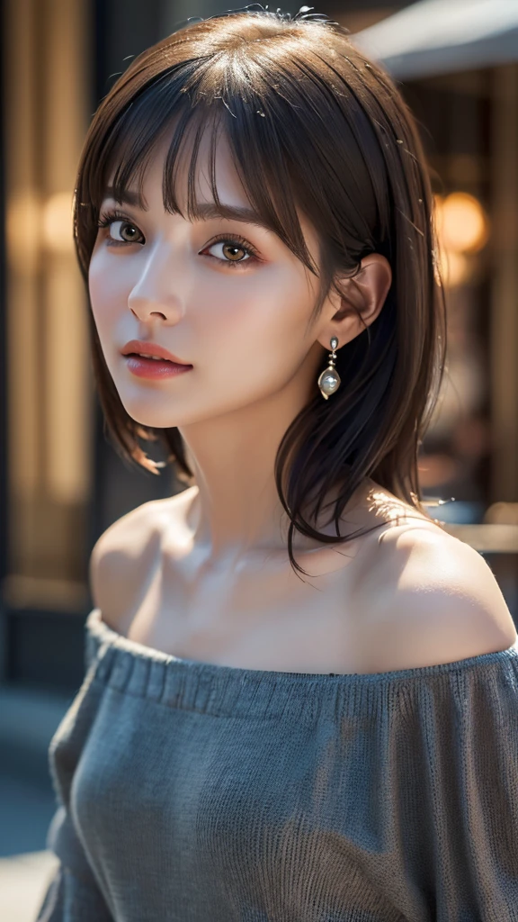 (8k、32K、masterpiece)、(Realistic:1.30)、(High resolution)、(Random Configuration:1.6), Very detailed、Very beautiful face and eyes、1 girl、Delicate body、(Attention to detail、Rich skin detail)、(8k、Oil paints:1.2)、Very detailed、(Realistic、Realistic:1.37)、Bright colors, (Off-shoulder cut and sew), Blunt bangs,whole body,