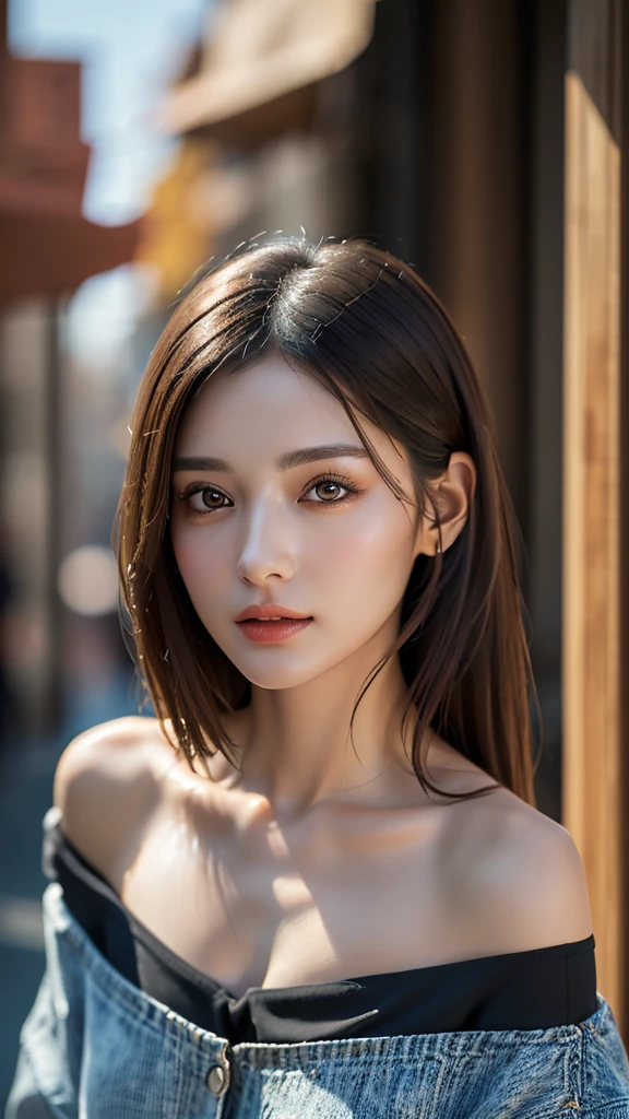 (8k、32K、masterpiece)、(Realistic:1.30)、(High resolution)、(Random Configuration:1.6), Very detailed、Very beautiful face and eyes、1 girl、Delicate body、(Attention to detail、Rich skin detail)、(8k、Oil paints:1.2)、Very detailed、(Realistic、Realistic:1.37)、Bright colors, (Off-shoulder cut and sew), Blunt bangs,whole body,