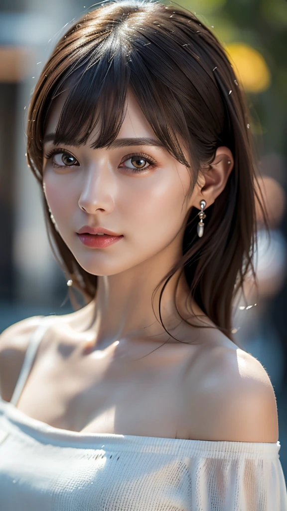 (8k、32K、masterpiece)、(Realistic:1.30)、(High resolution)、(Random Configuration:1.6), Very detailed、Very beautiful face and eyes、1 girl、Delicate body、(Attention to detail、Rich skin detail)、(8k、Oil paints:1.2)、Very detailed、(Realistic、Realistic:1.37)、Bright colors, (Off-shoulder cut and sew), Blunt bangs,whole body,Dramatic Pose