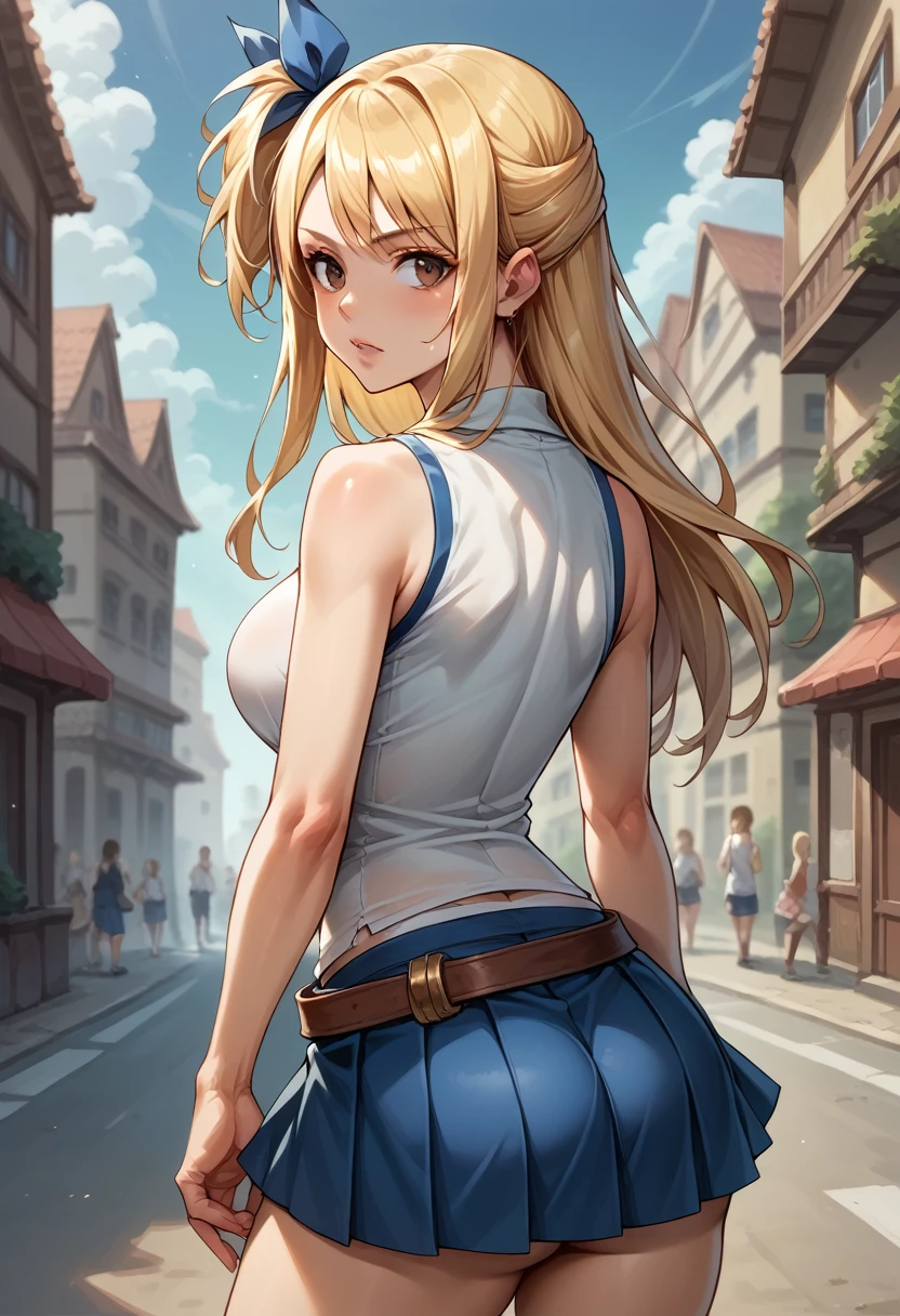 score_9, score_8_up, score_7_up, BREAK, score_9, aaLucy, hair ribbon, side ponytail, blonde hair, long hair, breasts, white shirt, sleeveless, belt, blue skirt, pleated skirt, cowboy shot, ass cheek, underwear, looking back, from behind, city, village
