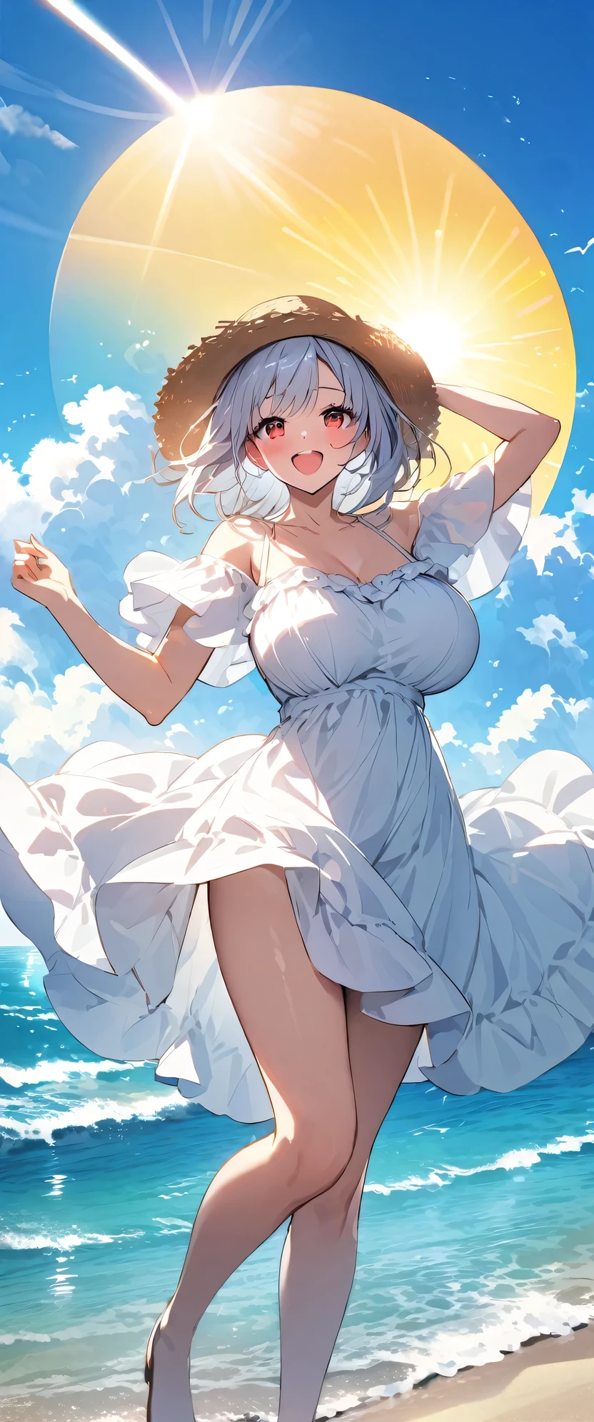 anime - style image of a woman in a dress and hat on the beach, loli in dress, , succubus in sundress portrait, full body portrait of a short!, with straw hat, commission for high res, cute anime waifu in a nice dress, flat anime style shading, thicc, oc commission, full body!