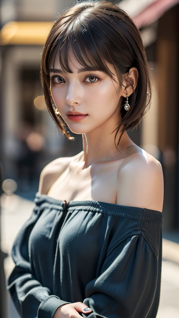 (8k、32K、masterpiece)、(Realistic:1.30)、(High resolution)、(Random Configuration:1.6), Very detailed、Very beautiful face and eyes、1 girl、Delicate body、(Attention to detail、Rich skin detail)、(8k、Oil paints:1.2)、Very detailed、(Realistic、Realistic:1.37)、Bright colors, (Off-shoulder cut and sew), Blunt bangs,whole body,(Dramatic Pose)