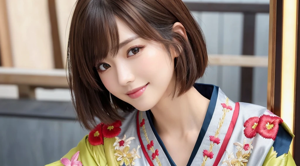 (8k, RAW Photos, Highest quality:1.2), (reality, reality的:1.4), (非常に詳細な8kwallpaper)、Sharp focus, Cinema Lighting, 細部までBeautiful Eyes, Asymmetrical bangs, Glowing Skin, Highly detailed skin ,High resolution, Attention to detail, Detailed hairstyle, Detailed beauty face, Hyper Real, Perfect limbs, Perfect Anatomy ,1 Japanese girl,Famous idols of Japan, Perfect female body,smile,short eyelashes,double eyelid、Look straight here,Stand up straight and face me, whole body ,,look straight at me,Streets of Europe、Tabletop、wallpaper、reality的、Bright lighting、Professional Lighting、Face Light Smooth Lighting、Japanese women、Adult、Beautiful woman、action、gravure、Sexy、so beautiful、Beautiful Skin、Beautiful and detailed、Detailed face、slim、moderately、((short hair))、((Brunette Hair))、Brown eyes、Looking into the camera、Small Bust、Pretty face,, smile, Blurred Background, 超High resolution, Backlight, Top-down angle,whole body、Accurate 5 fingers, software , Bony body, Japanese women, One person, Perfect body, 超Detailed face, Detailed lips, Beautiful Eyes, double eyelid, Light brown hair, Asymmetrical hair, Asymmetrical bangs, Messy Hair,(A luxurious white kimono in vibrant colors:1.3), (Gorgeous embroidered kimono:1.3)