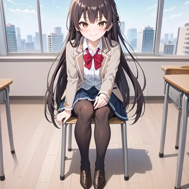 (((((full body shot))))),masterpiece:1.2), Highest quality,((((High resolution)))), unity 8k wallpaper, (shape:0.8), ((((Highly detailed face)))), Perfect lighting, (((Extremely detailed CG))),One girl, bangs, Black Hair, Blue Sky, Blurred, Blurred background, blush, bow, bowtie, Brown eyes, Brown Hair, building, Bush, collared shirt, Day, Depth of written boundary, dress, Eyebrows visible through hair, Jacket, Long Hair, Long sleeve, Open clothes, open Jacket, red bow, red bowtie, school uniform, shirt, skirt,  smile, alone, very Long Hair,Black socks,loafers,((School classroom)),(((blue sky))),(((Sit on a chair))),From below