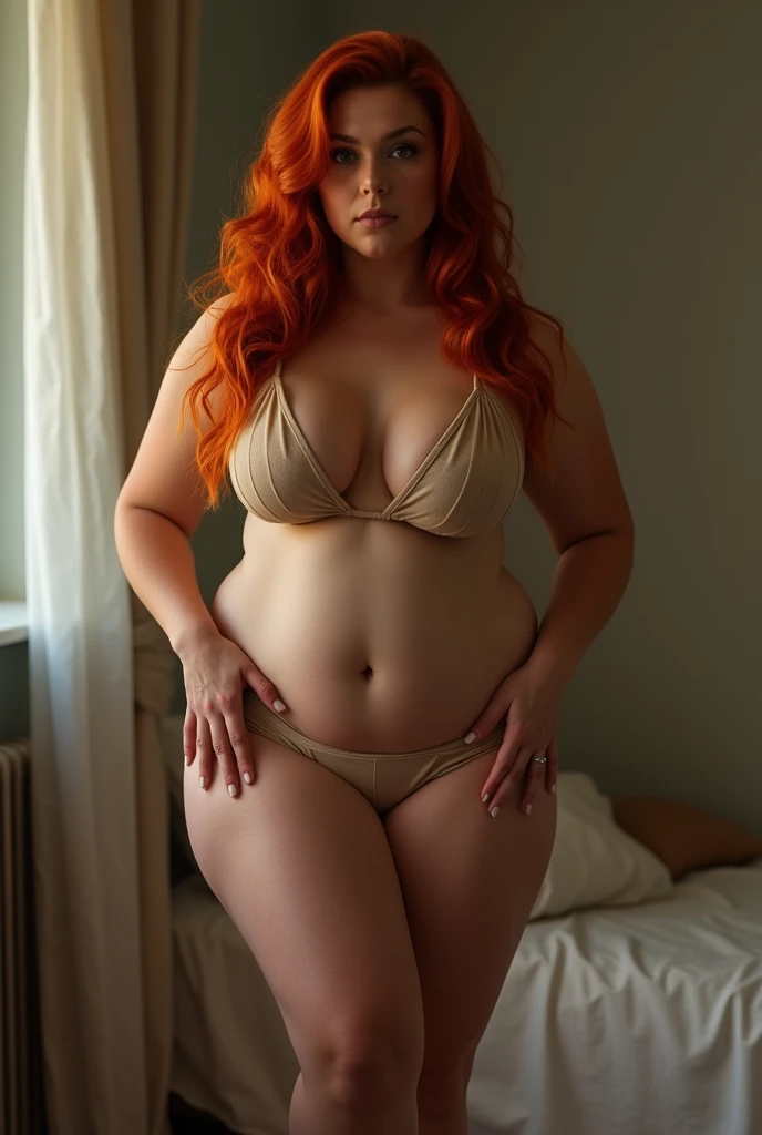 Beautiful young woman, 25 years old, chubby, chubby girl, overweight, gorgeous face, light freckles, irish redhead, wavy long ginger hair, pale skin, skin imperfections, skin dentation, detailed eyes, grey eyes, big breasts, wide hips, sharp Focus, ultra high quality, curvy body, crazy details, intricate pose, wearing crop top, cleavage, lace lingerie, 8k uhd wallpaper, masterpiece, artwork photography, photorealistic