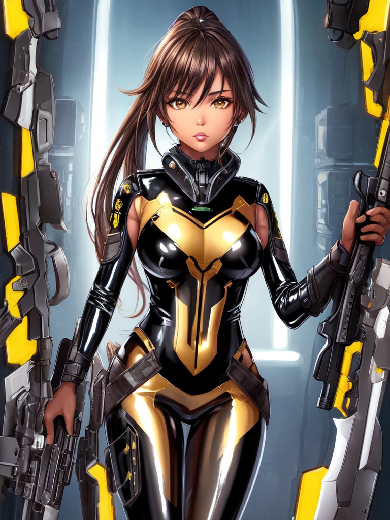 high quality, extremely detailed, perfect face, sharp features, full lips, Quna, extremely long ponytail, brown hair, (brown eyes), (((brown skin))), dark skin, ((black latex zelsius bodysuit)), yellow armor, ((extremely glossy)), cyberwear, earpiece, holding weapons, ((sci-fi pistols)), ((bayonets)), surreal space background, starship interior, window