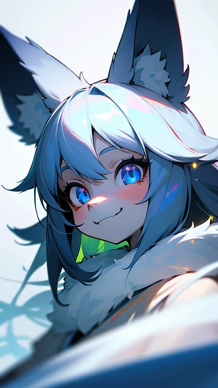 furry, white fur, ultra cute face, blue elements on fur, beautiful lights and shadows, ambient light, ultra detailed fur, volumetric light