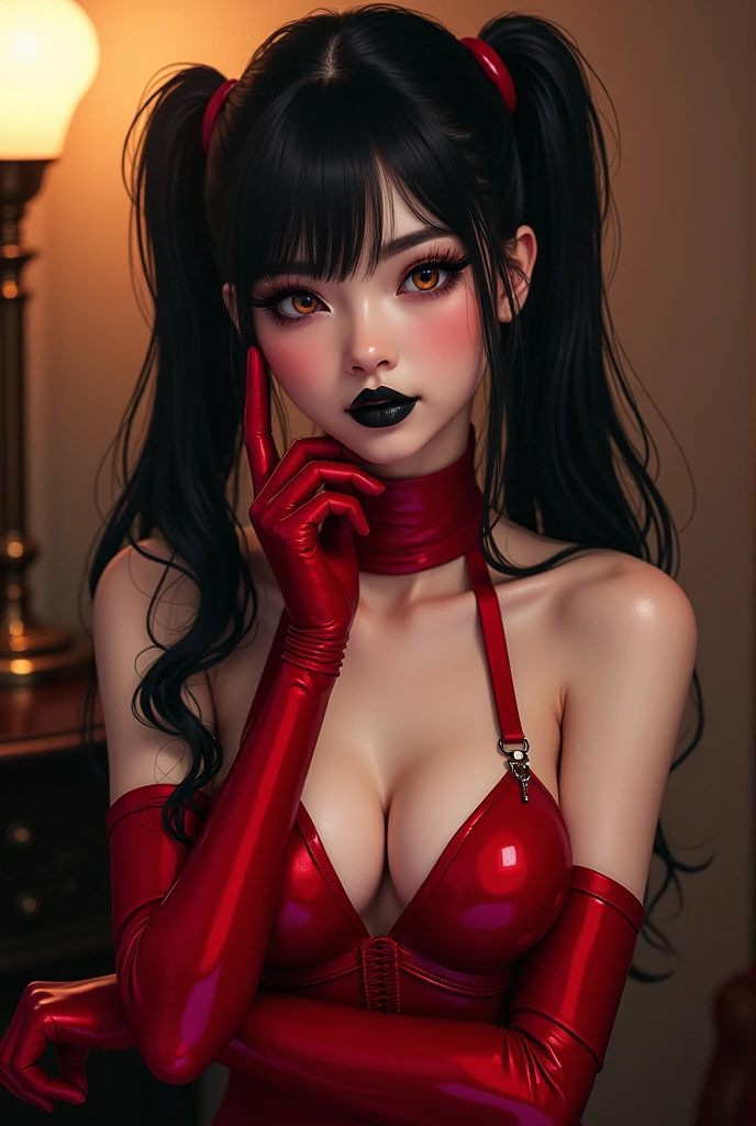 1girl,a beautiful fashion model ,(masterpiece, detailed background, best quality),shortand shiny hair, black hair,smirk,juicy lips,red lips, lingerie, stripping, elegant makeup, exhibitionism, torn lace bodysuit outfit