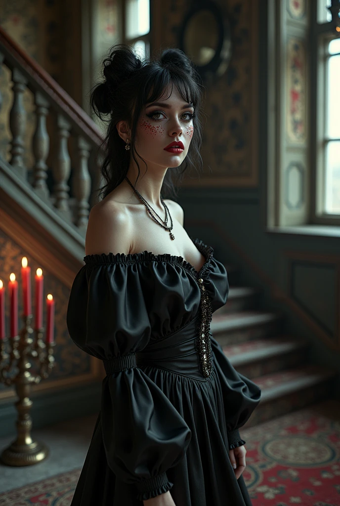 whole body, creepy room, skirt, shirt, long sleeves, frills, smile, creepy, skulls, candle, hair ornament, bone, doll, horror theme, absurdres, RAW photo, extremely delicate and beautiful, masterpiece, Best Quality, ultra high resolution, 32k, hyperrealistic, ultra-detailed, detailed description, pale skin, 20 years old, detailed beautiful face and eyes, tearful mole, earring, Colossal tits, short medium hair, wavy hair,