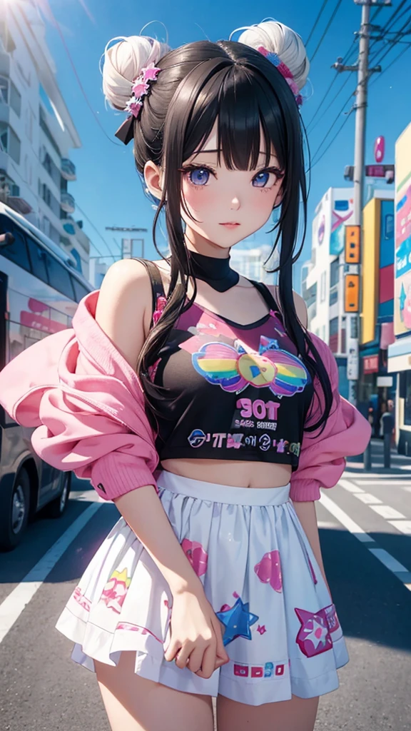 Beautiful Shibuya girl, Heterochromatic pink and purple eye color, Navy blue crop top with navy,Sailor collar,Wear yours with navy blue ripped leggings, cheerfulness, Make soap rainbow bubbles in the park with cherry blossom trees and fountains at sunset, Beautiful anime style girl all over, Clean detailed face, underdressing, analogous colors, Glowing shadow, beautiful gradation, Depth of field, Clean image, High quality, High detail, High definition, Luminous Studio graphics engine, Cute face, kawaii,big breast, Slim waist, nice hip, Ayane Yamano