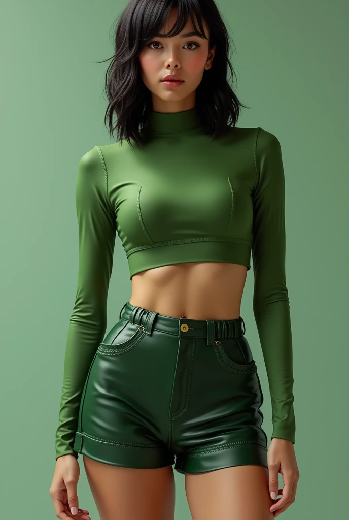 a close up of a woman in a black top and green pants, wearing a sexy cropped top, wearing crop top, black and green, green and black, wearing a crop top, wearing a cropped top, green clothes, tight outfit, wearing a cropped tops, middle shot waist up, tight fit, outfit photo, with hands in pockets, loosely cropped