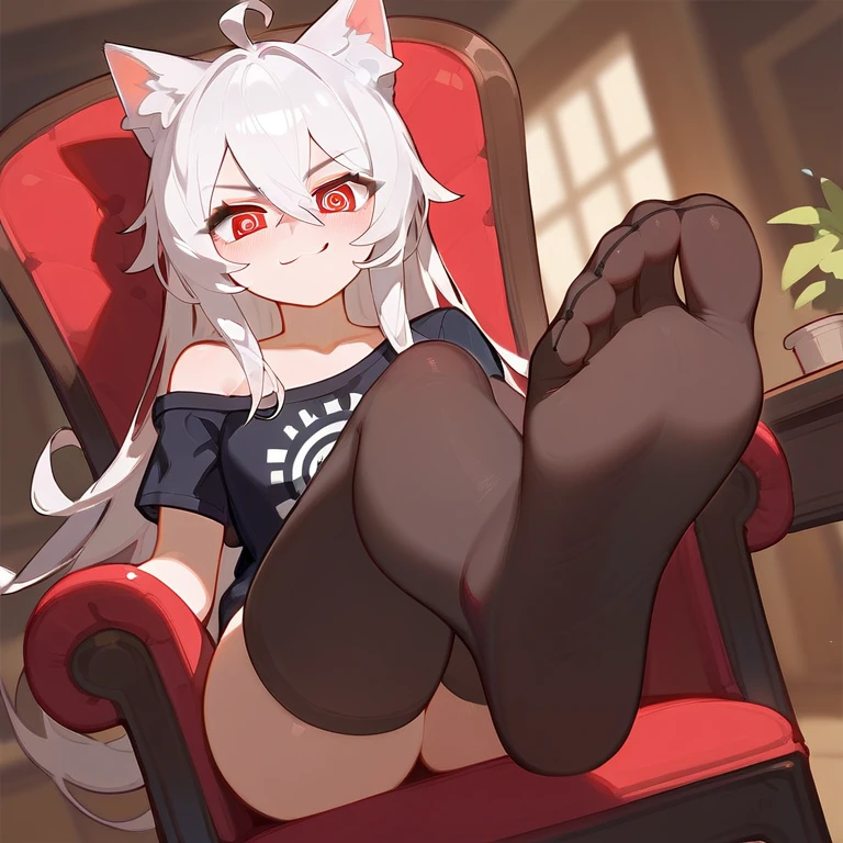 in the room，A cute girl desperately trying to hypnotize me with the soles of her feet，sit on chair，convincing, confident，fantasy clothes，There are bangs between the eyes，White off-the-shoulder T-shirt，Long hair，White hair，Anatomically correct, catgirl，Perfect feet，red Eyes, smug, everything is hypnotic, hypnotic eyes, many visible hypno-spirals, entrancing, feet sticked up in viewer's face, pale and smooth soles of feet, using feet as hypnotic tool to entrance viewer, spiral overlay on the very front with feet as center, Nylon feet, black Stockings