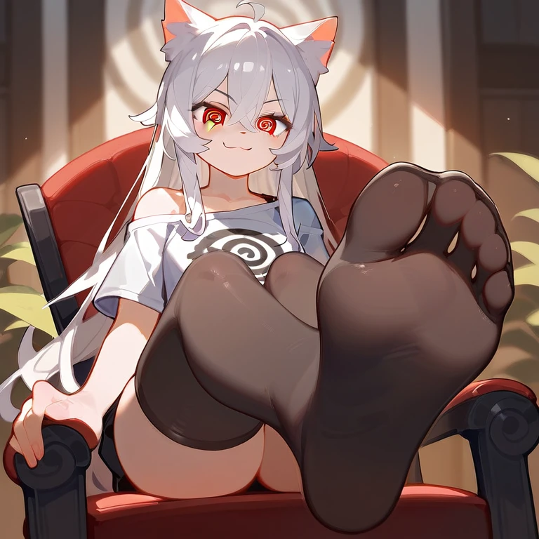 in the room，A cute girl desperately trying to hypnotize me with the soles of her feet，sit on chair，convincing, confident，fantasy clothes，There are bangs between the eyes，White off-the-shoulder T-shirt，Long hair，White hair，Anatomically correct, catgirl，Perfect feet，red Eyes, smug, everything is hypnotic, hypnotic eyes, many visible hypno-spirals, entrancing, feet sticked up in viewer's face, pale and smooth soles of feet, using feet as hypnotic tool to entrance viewer, spiral overlay on the very front with feet as center, Nylon feet, black Stockings