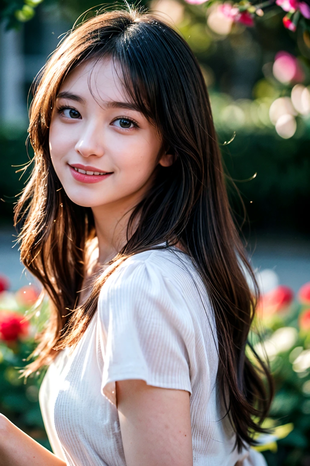 high quality, masterpiece, ultra-detailed, 8k, photorealistic, close-up portrait, 1 girl, 20 years old, Yamashita Park in the morning, wireless earphones, nose piercing, chestnut top ponytail, college uniform, messy hair, chestnut cap, short bangs, realistic, chest picture, smiling with teeth showing, big smile