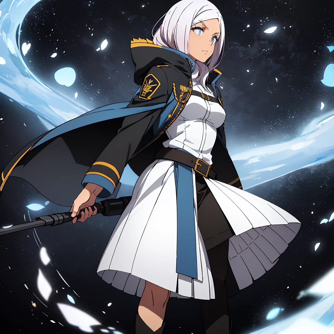 A young woman of average height with asymmetrical light blue hair, at shoulder height. His eyes are deep gray and expressive. She wears a fitted black jacket with gold accents., combined with a blue leather belt at the waist. Wears reinforced combat boots and a small stylized light blue cape.. The armor is light, mixing elegance with military functionality.