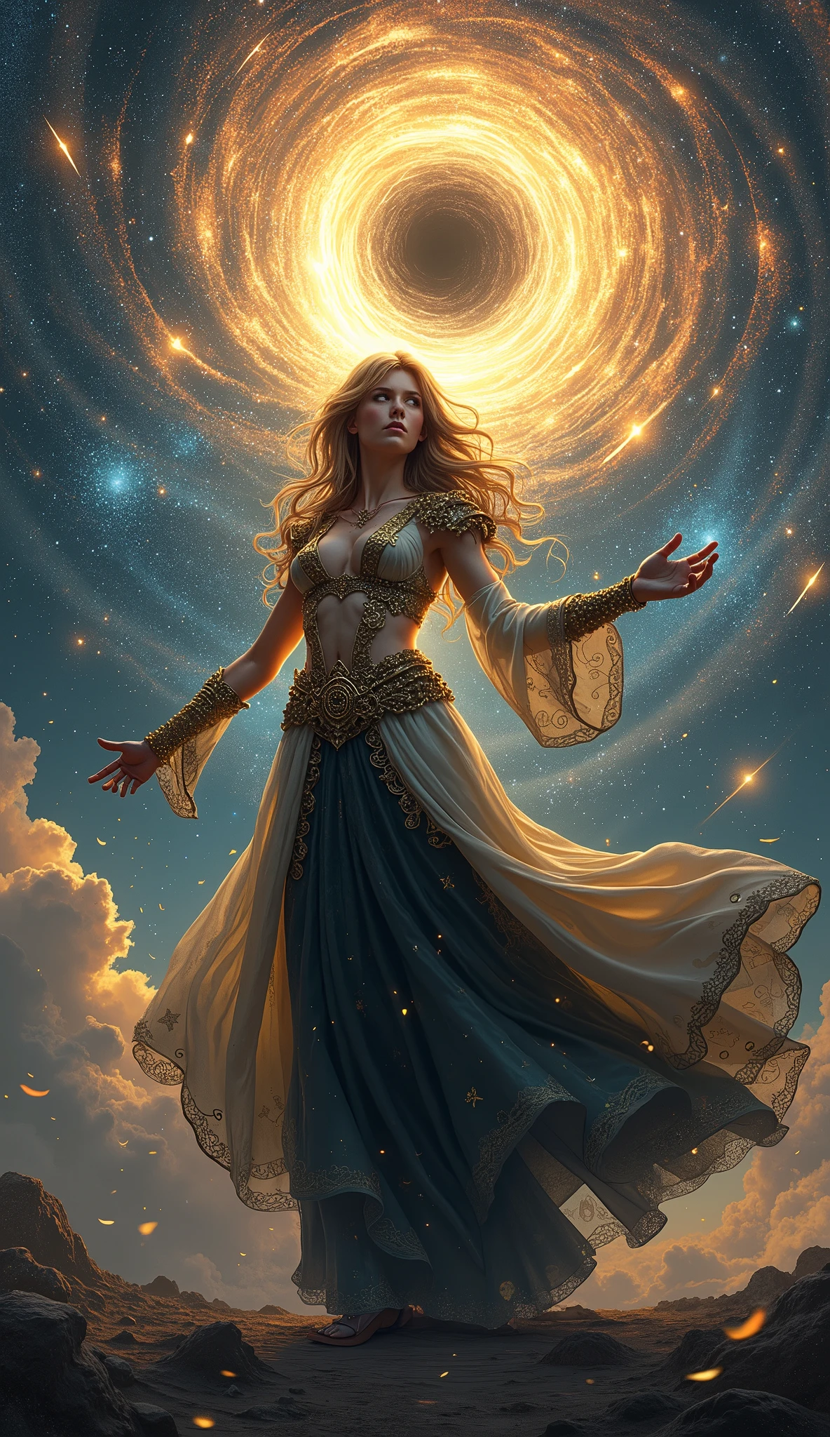 A female figure surrounded by portals: