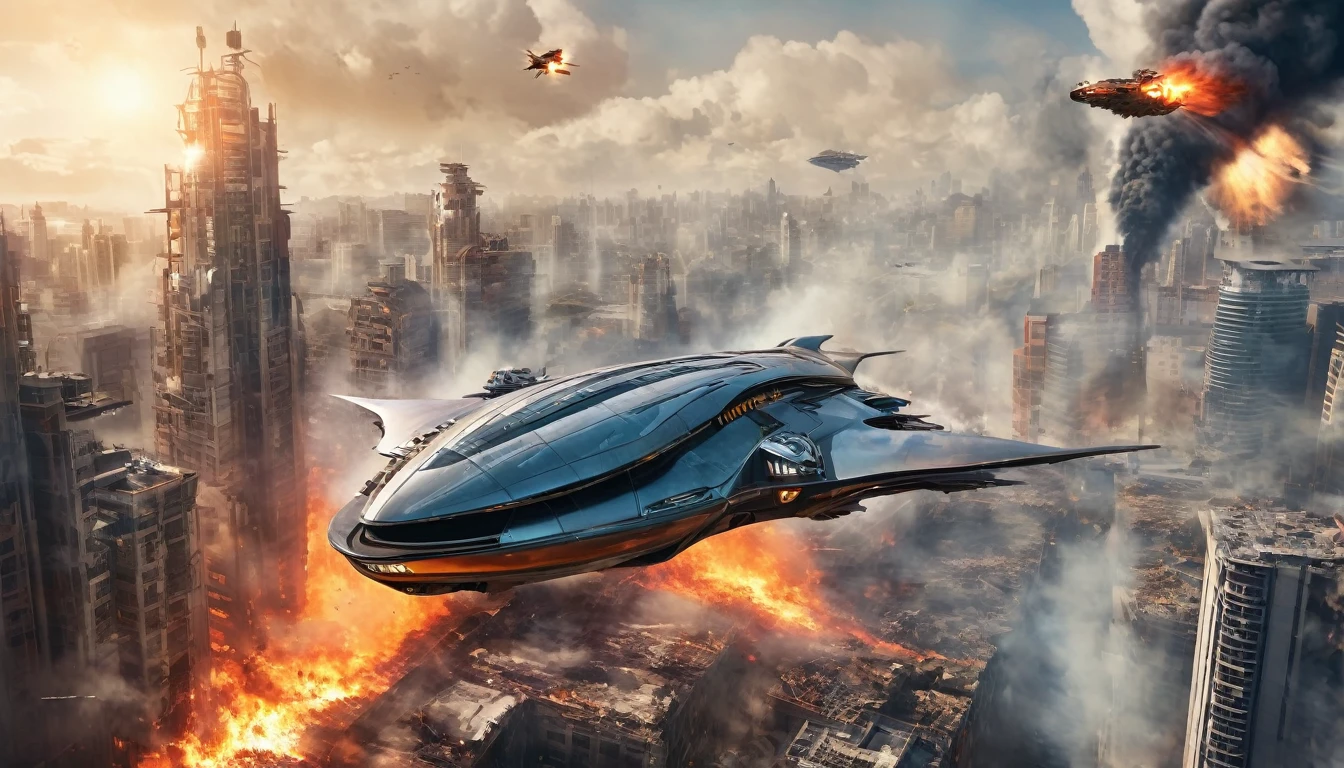 Creates the image of a futuristic spaceship flying over a city that is on fire and some buildings destroyed by rocks, realista, Mundo, devastado, Navio futurista